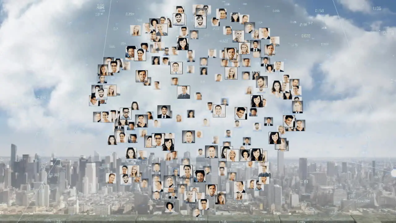 Animation of profile picture forming globe over aerial view of modern cityscape against cloudy sky