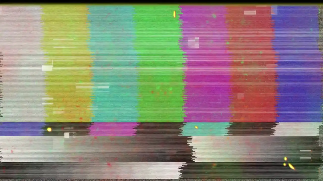 Animation of flickering specks over retro colour test screen with glitch