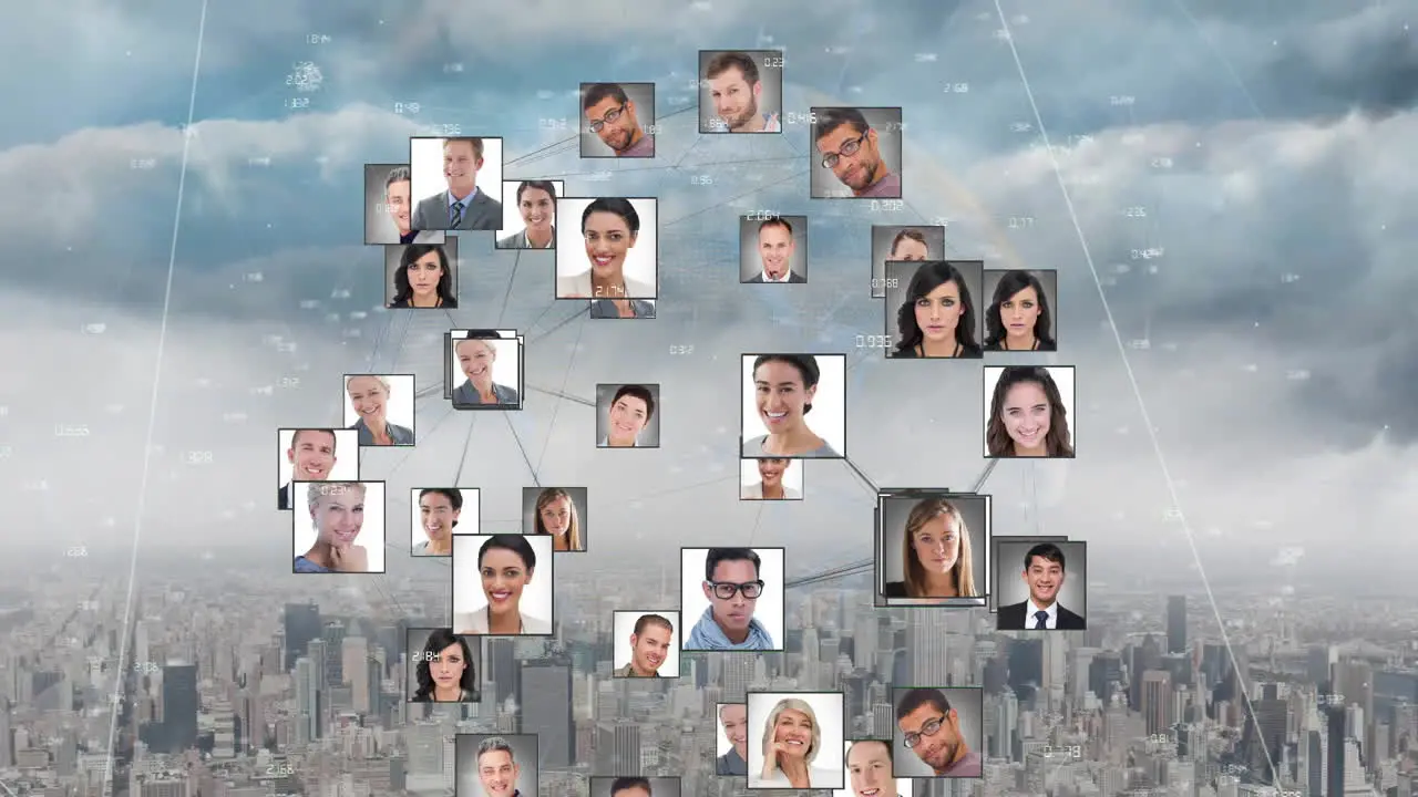 Animation of profile pictures on globe over aerial view of modern cityscape against cloudy sky