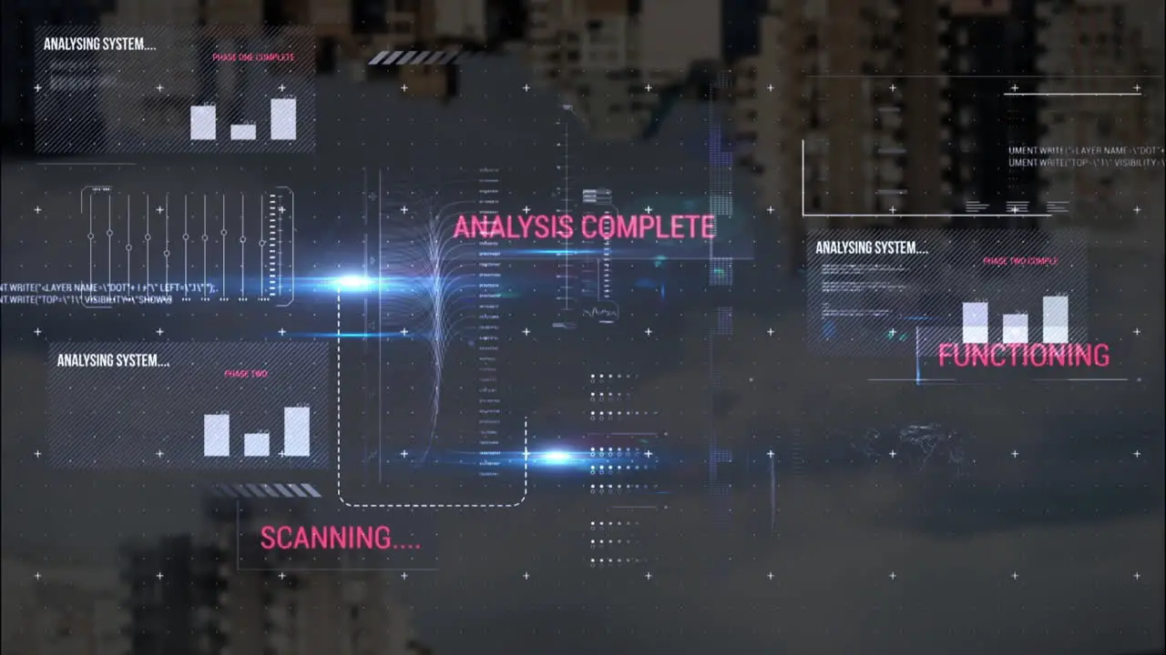 Animation of graphs texts loading bars and computer language modern buildings against cloudy sky