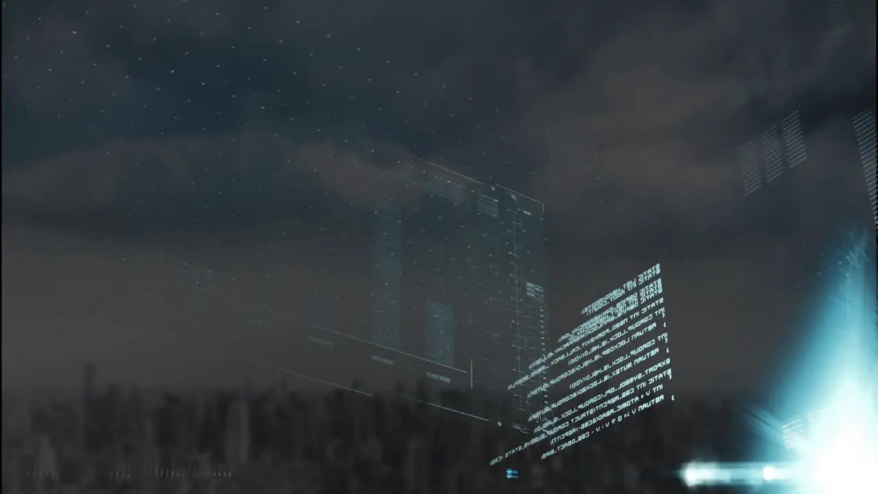 Animation of computer language graphs and loading bars over modern cityscape against cloudy sky