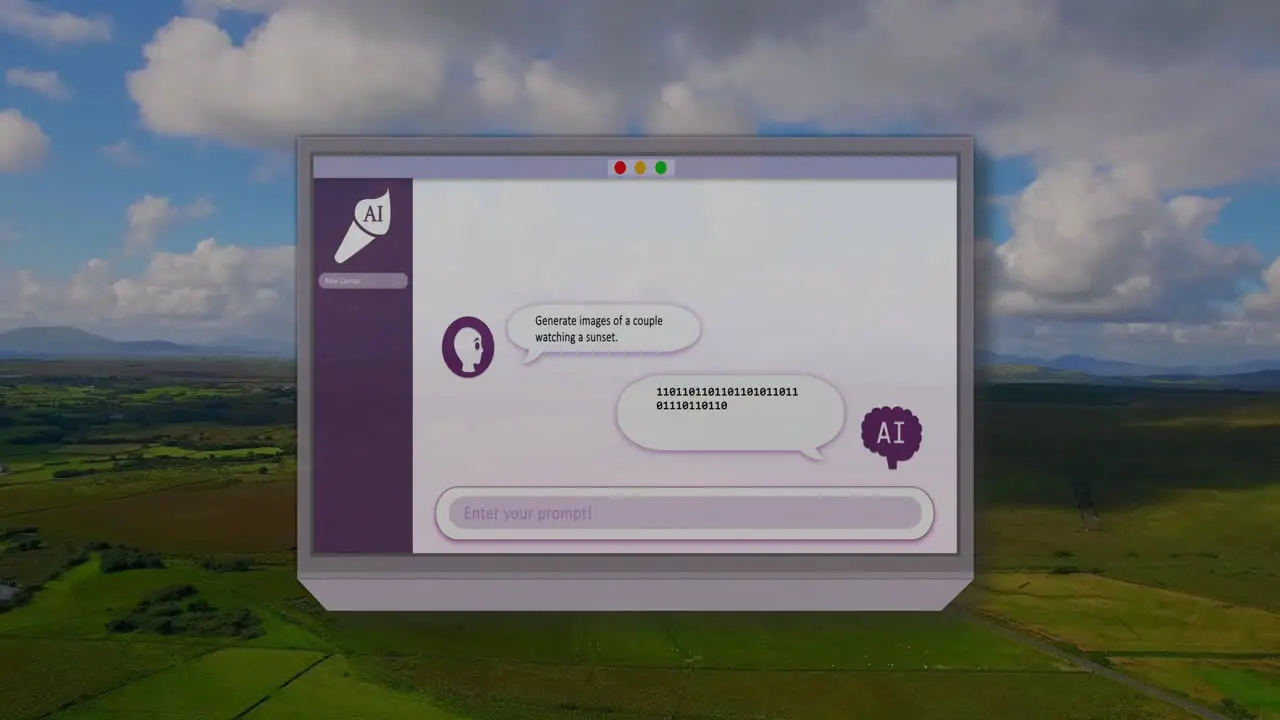 Animation of ai output results as per user input on laptop over green land against cloudy sky