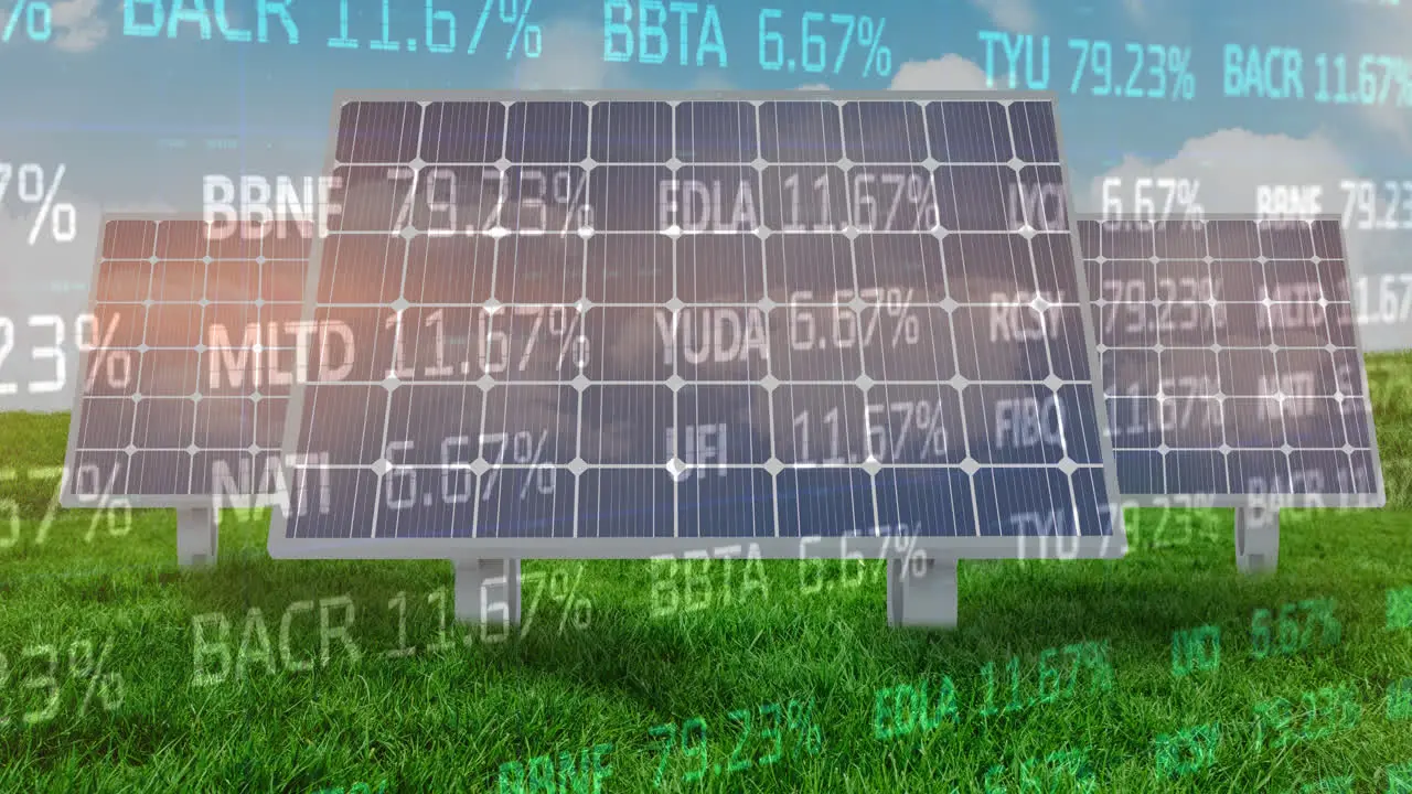 Animation of multicolored trading board over solar panels on green field against cloudy sky