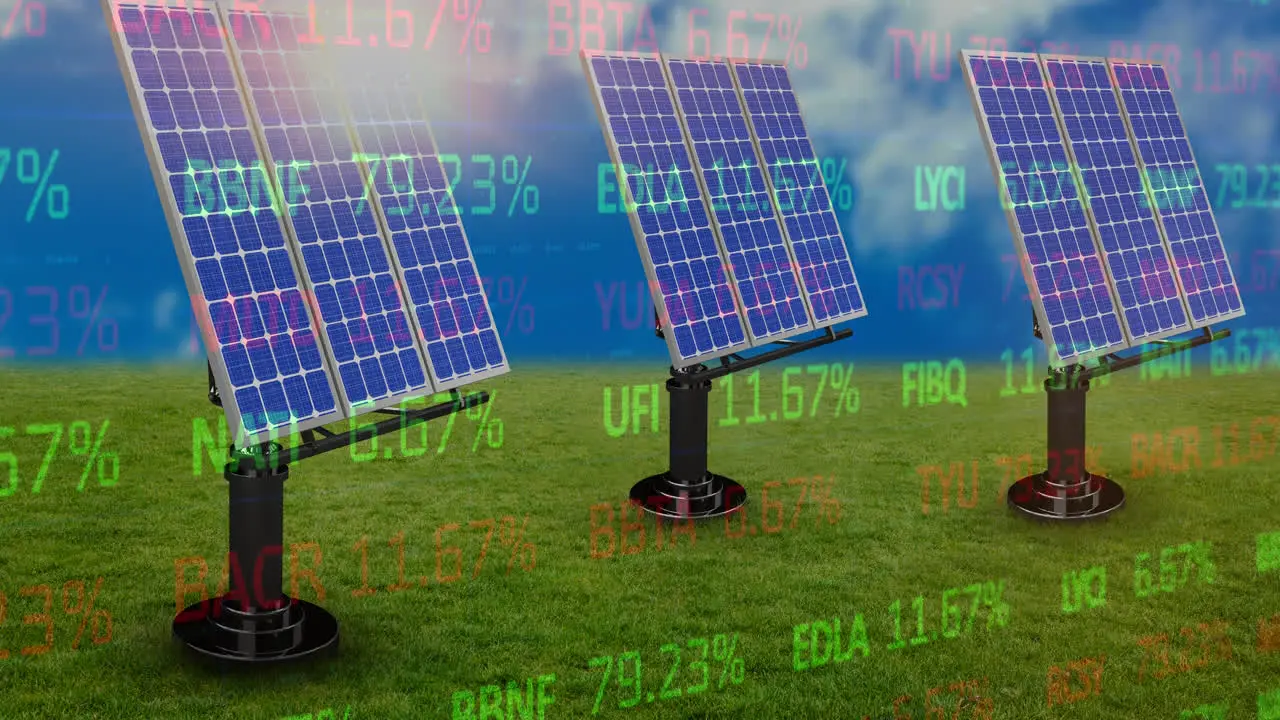 Animation of multicolored trading board over solar panels on green field against sun and cloudy sky