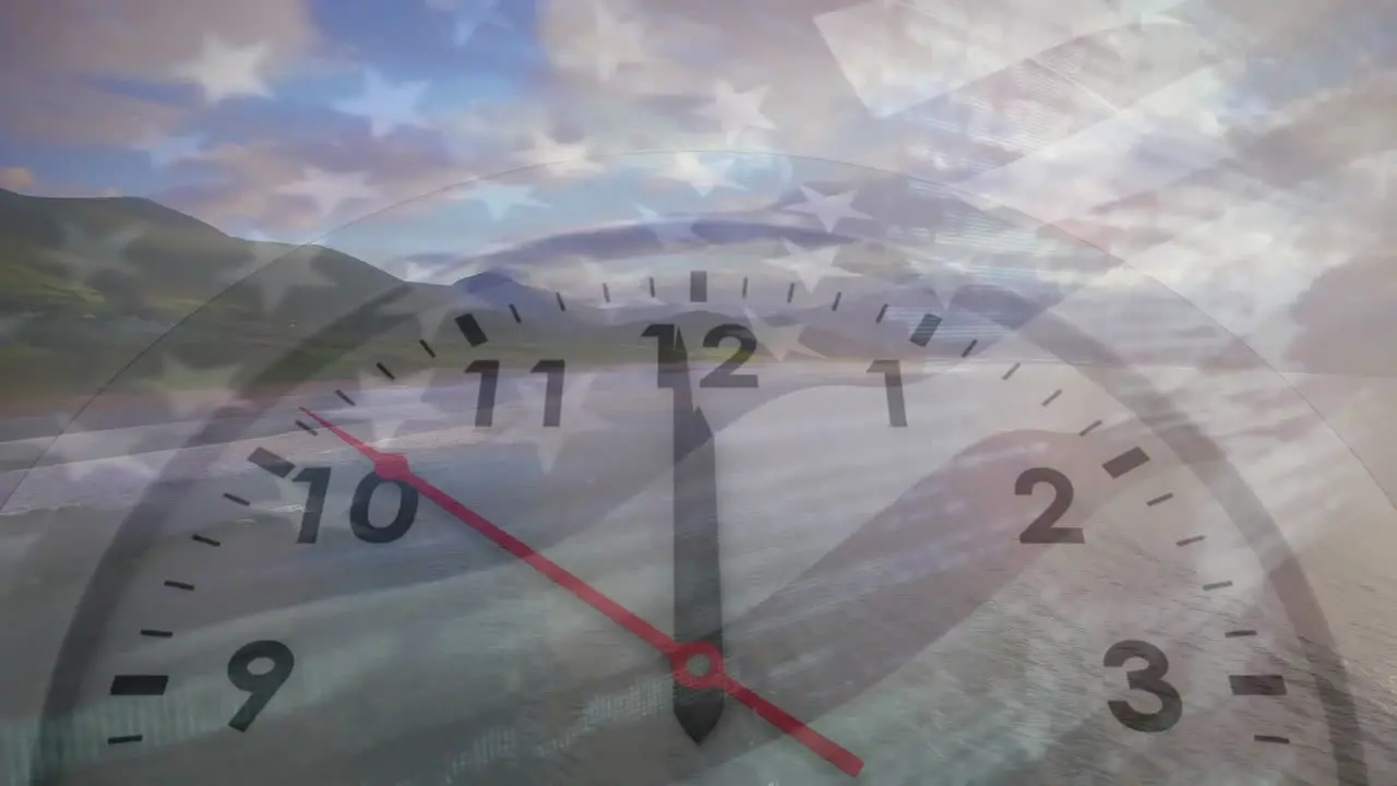 Animation of fast moving hands on clock over american flag and beach with cloudy sky