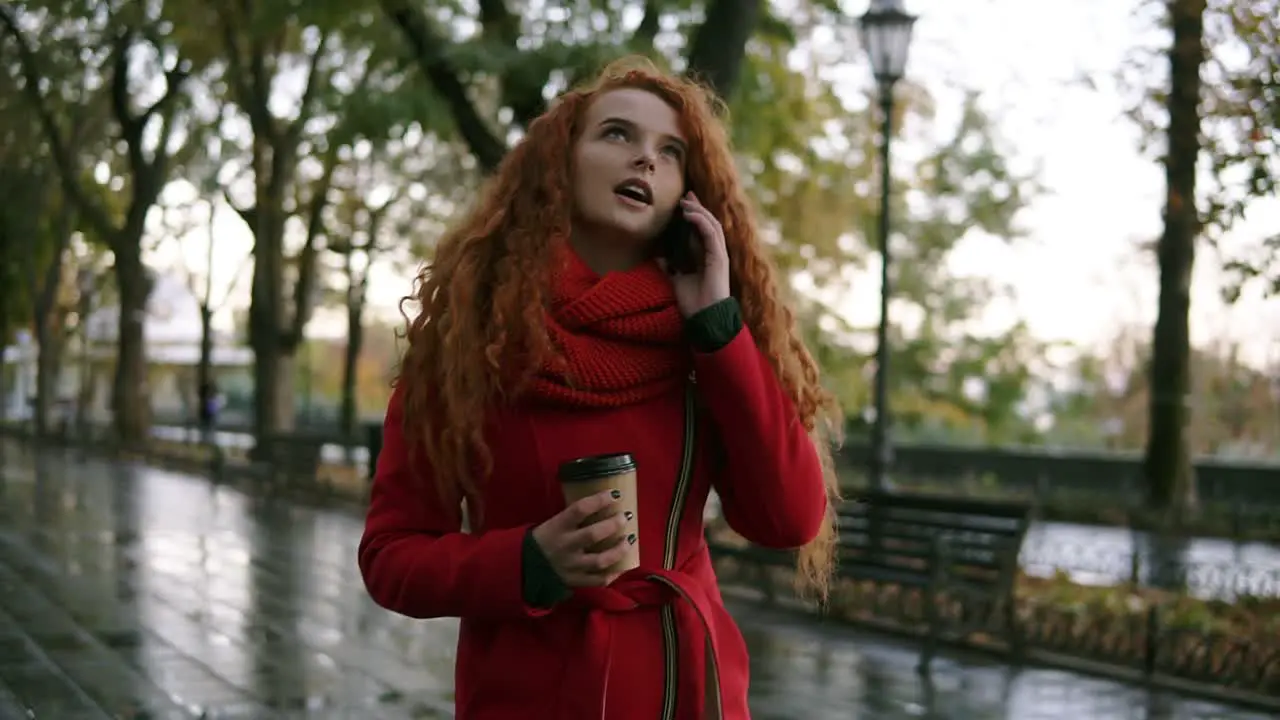 Young Serious Girl Talking On Her Mobile Phone On While Walking In The Autumn Park