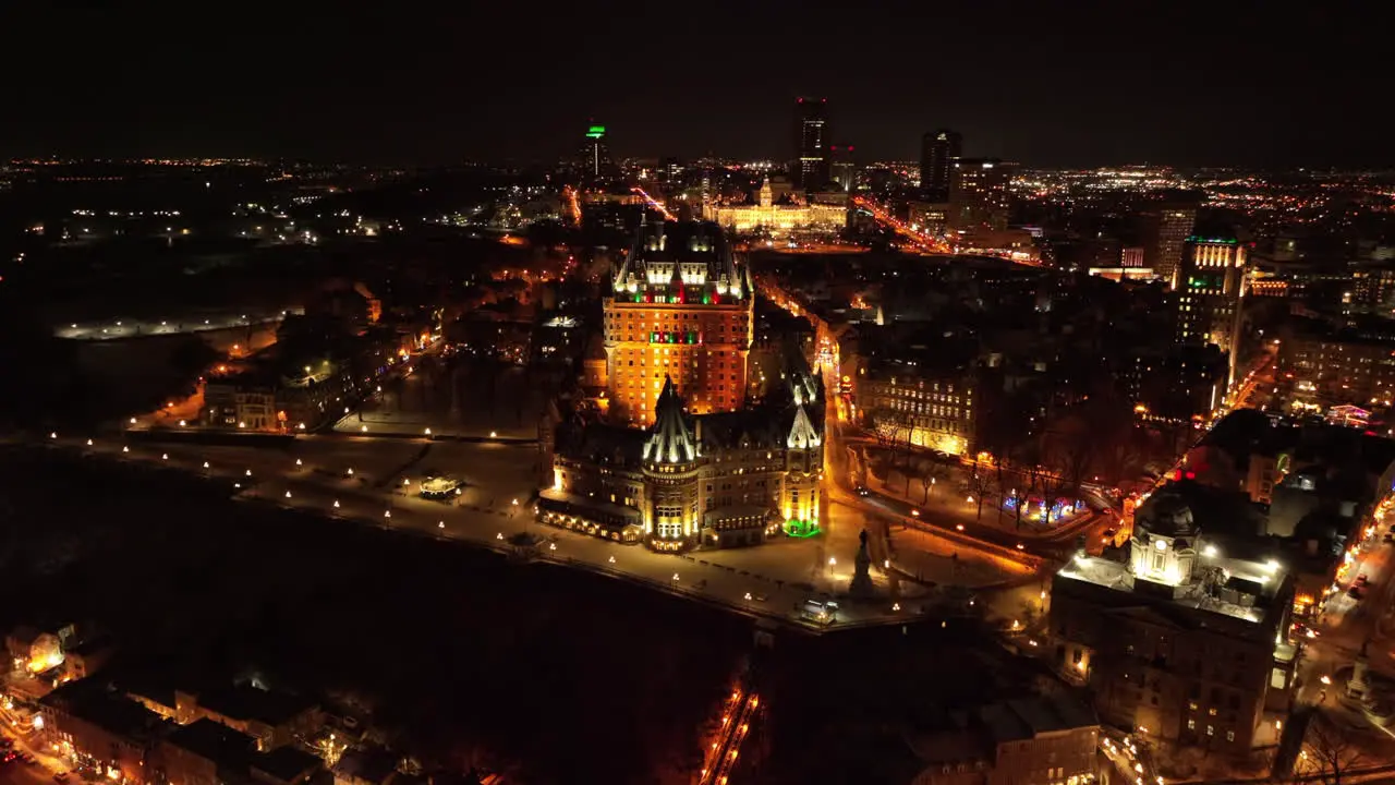 Old Quebec Skyline At Night aerial drone shot