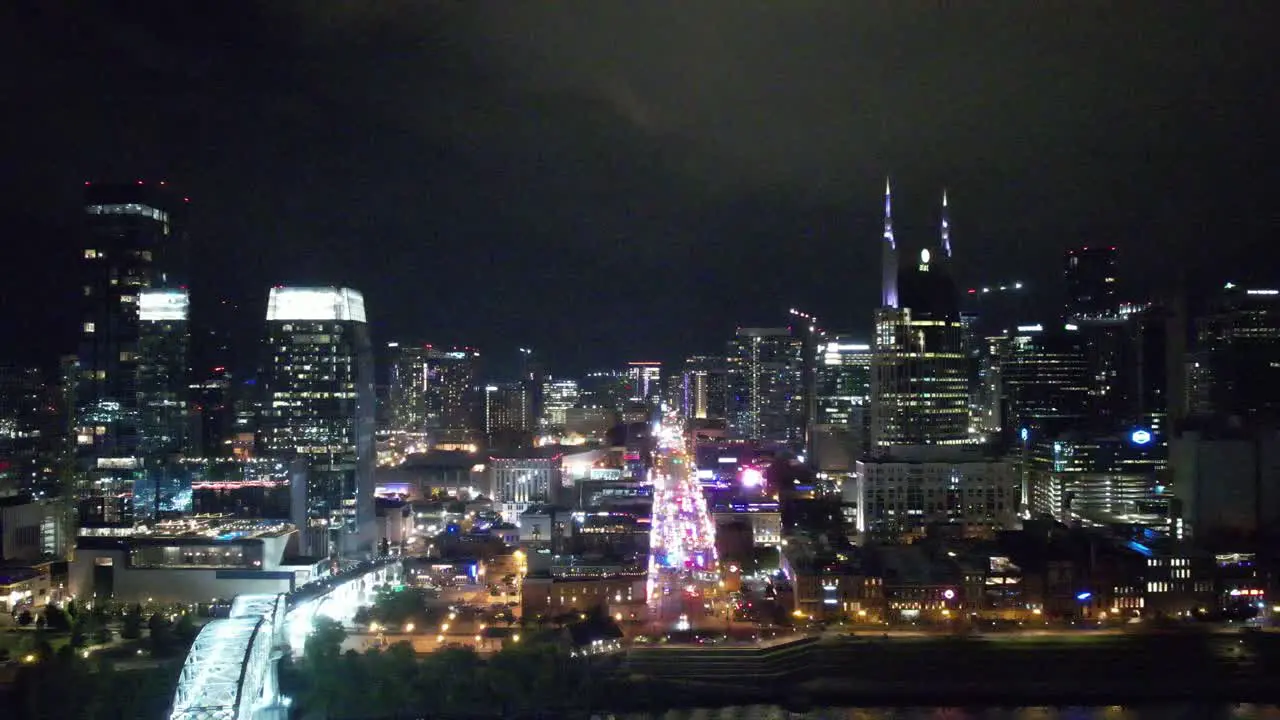 Establishing aerial of skyskrappers in Nashville Tennesse at night