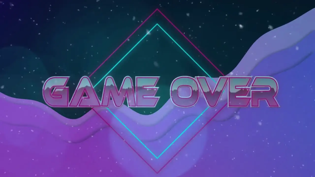 Animation of game over text in metallic pink letters over purple wave