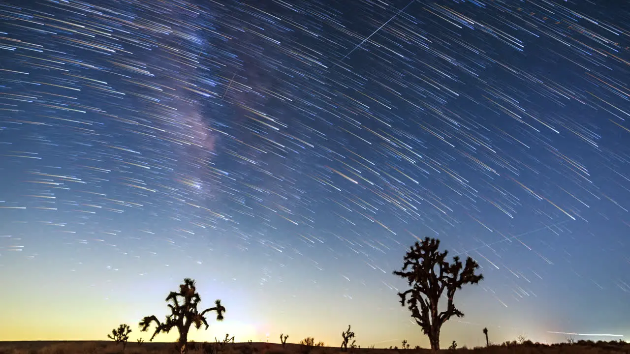 Star trails cross the night sky over Joshua trees in the Mojave Desert in this epic nighttime long exposure time lapse