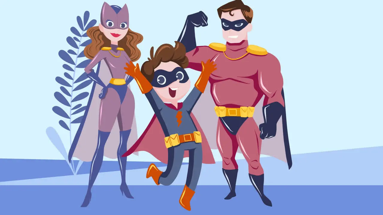 Animation of happy superhero family with blue plant on blue background