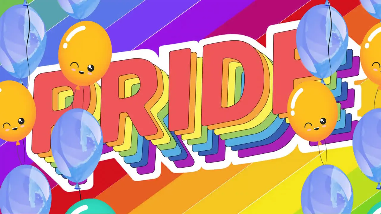 Animation of pride text and balloons on rainbow background