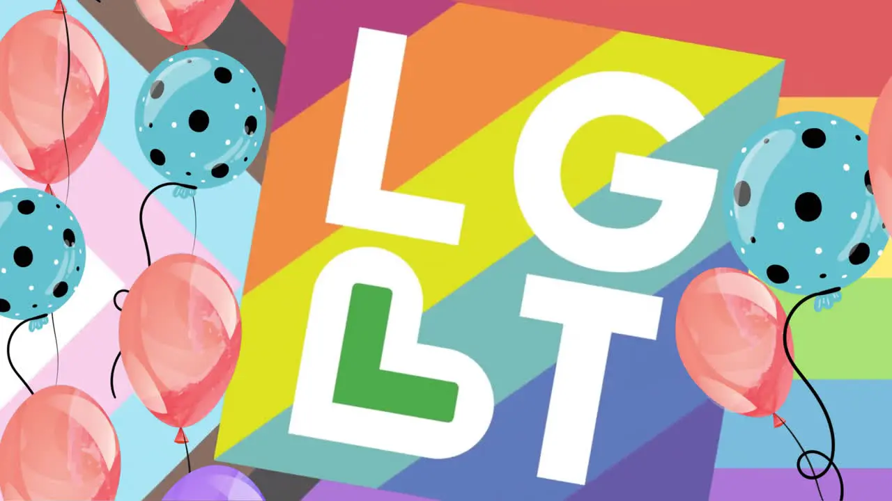 Animation of lgbt text and balloons on lgbt flag background