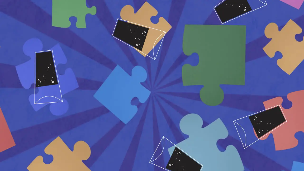 Animation of falling drinks over puzzle on blue background