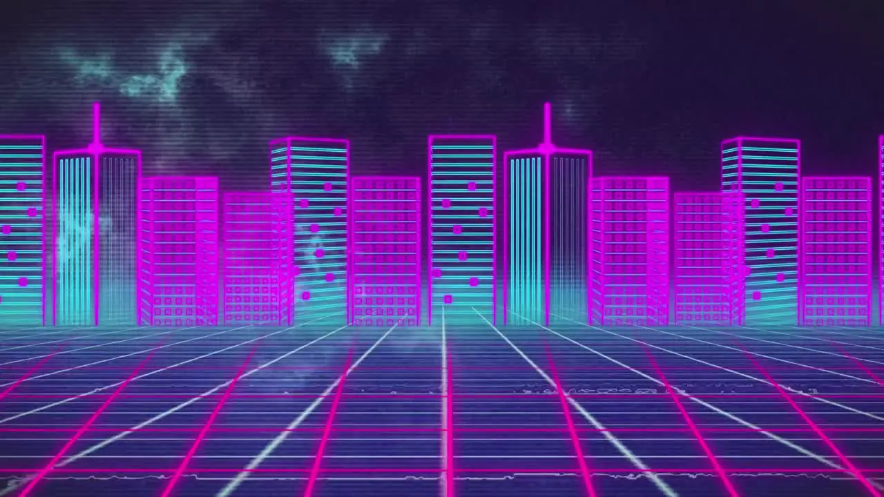 Animation of cityscape over grid on dark background