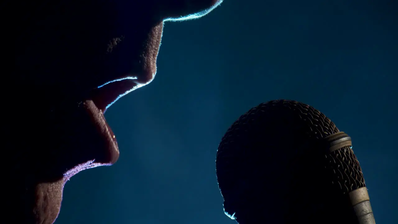 Rock lead singer sings in a smokey room