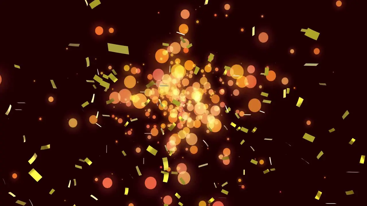 Animation of gold confetti falling over glowing lights in background