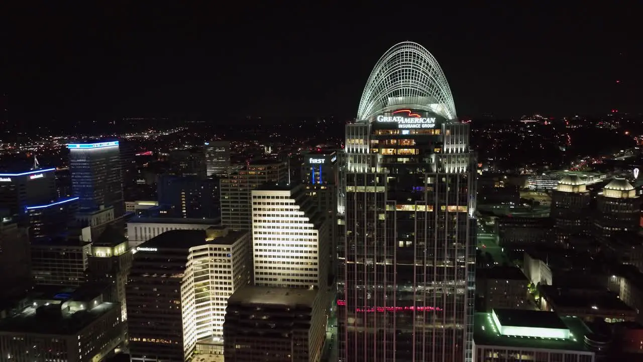 Aerial view approaching the Great American Tower in downtown Cincinnati USA