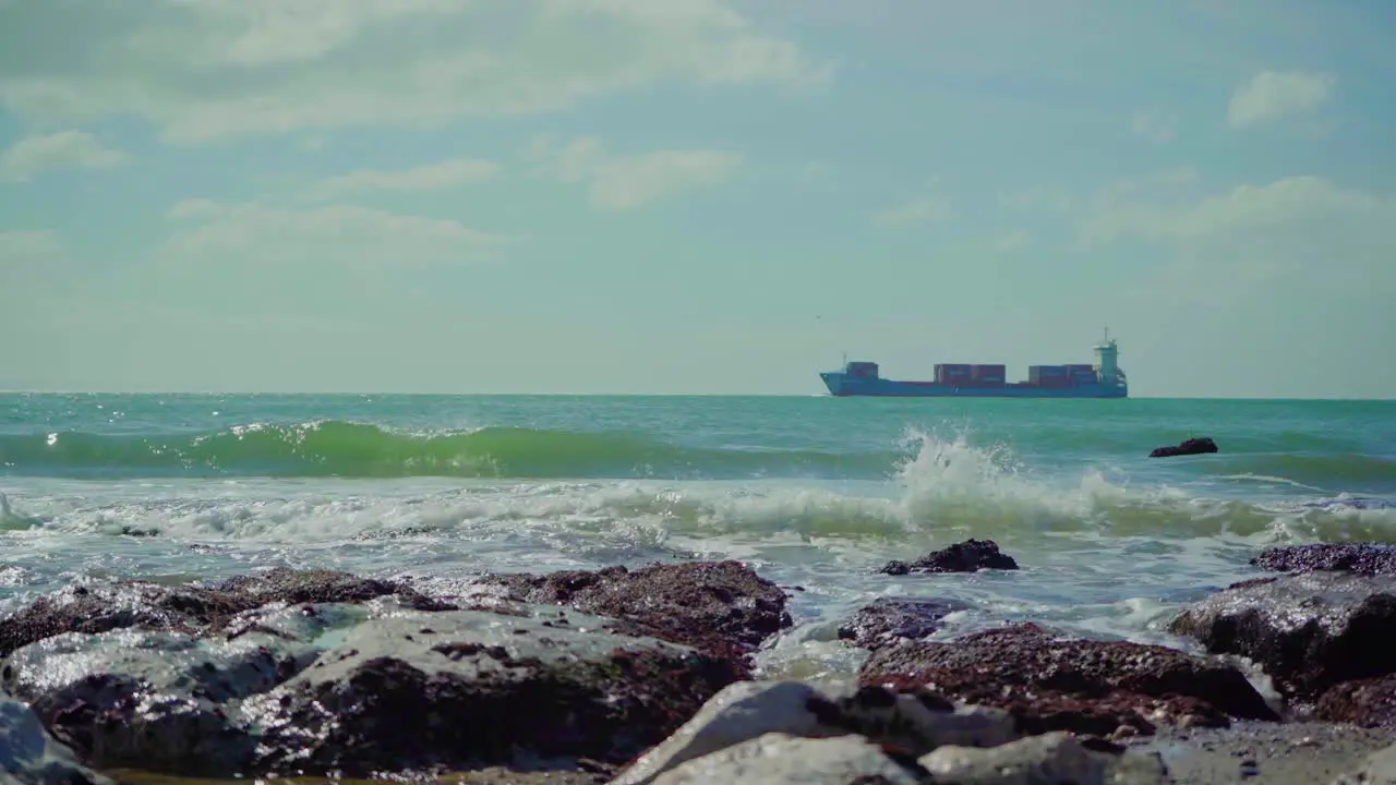 Nature Sea Ocean Shore Stones Rocks Waves Waves Crash Sunny Daylight Portugal Boat Ship Tanker Oil Tanker Steady Shot 4K