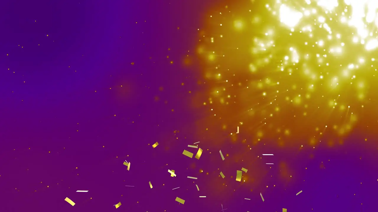 Animation of confetti falling over glowing lights on purple background