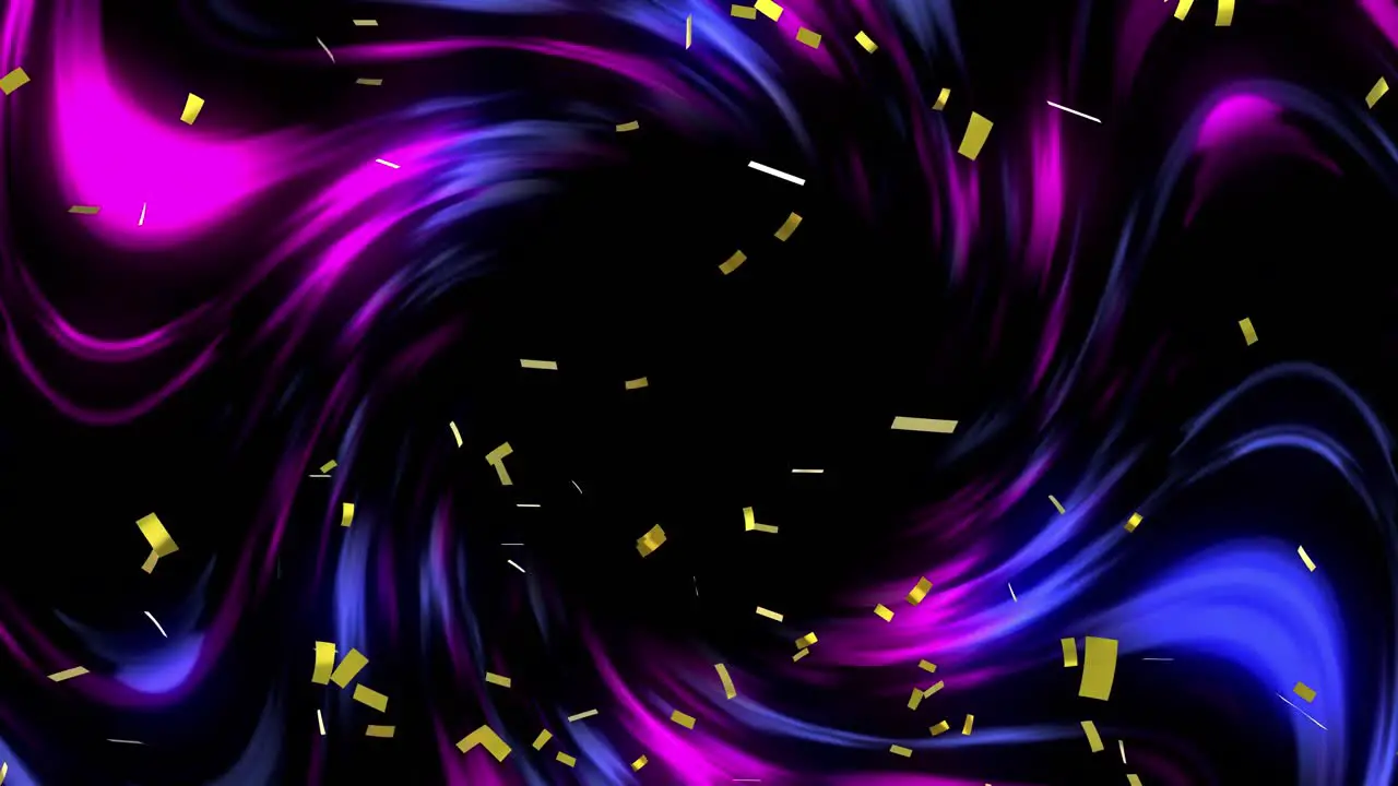 Animation of gold confetti falling over spinning blue and purple light trails in background