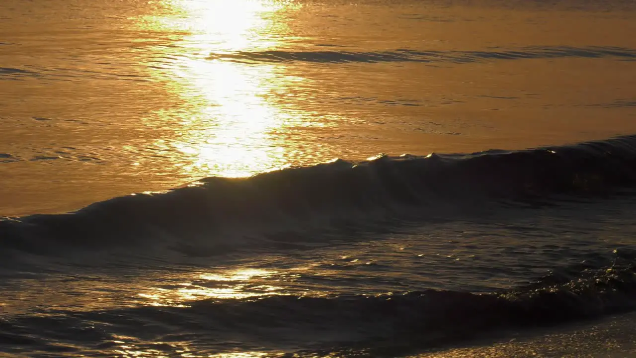 Golden sea reflecting sun at sunrise waves washing in to shore mediterranean spain