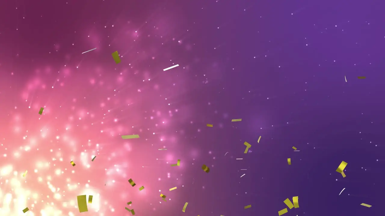 Animation of gold confetti falling over glowing light particles on purple background