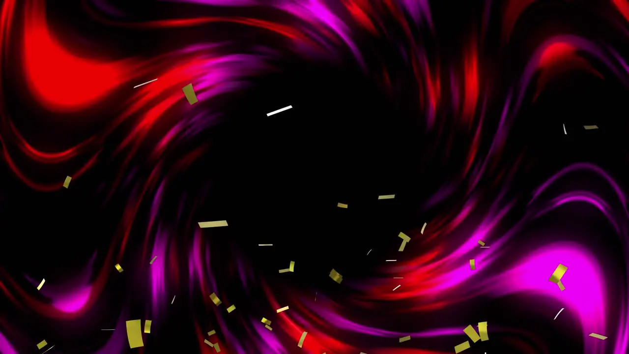 Animation of gold confetti falling over spinning red and purple light trails in background