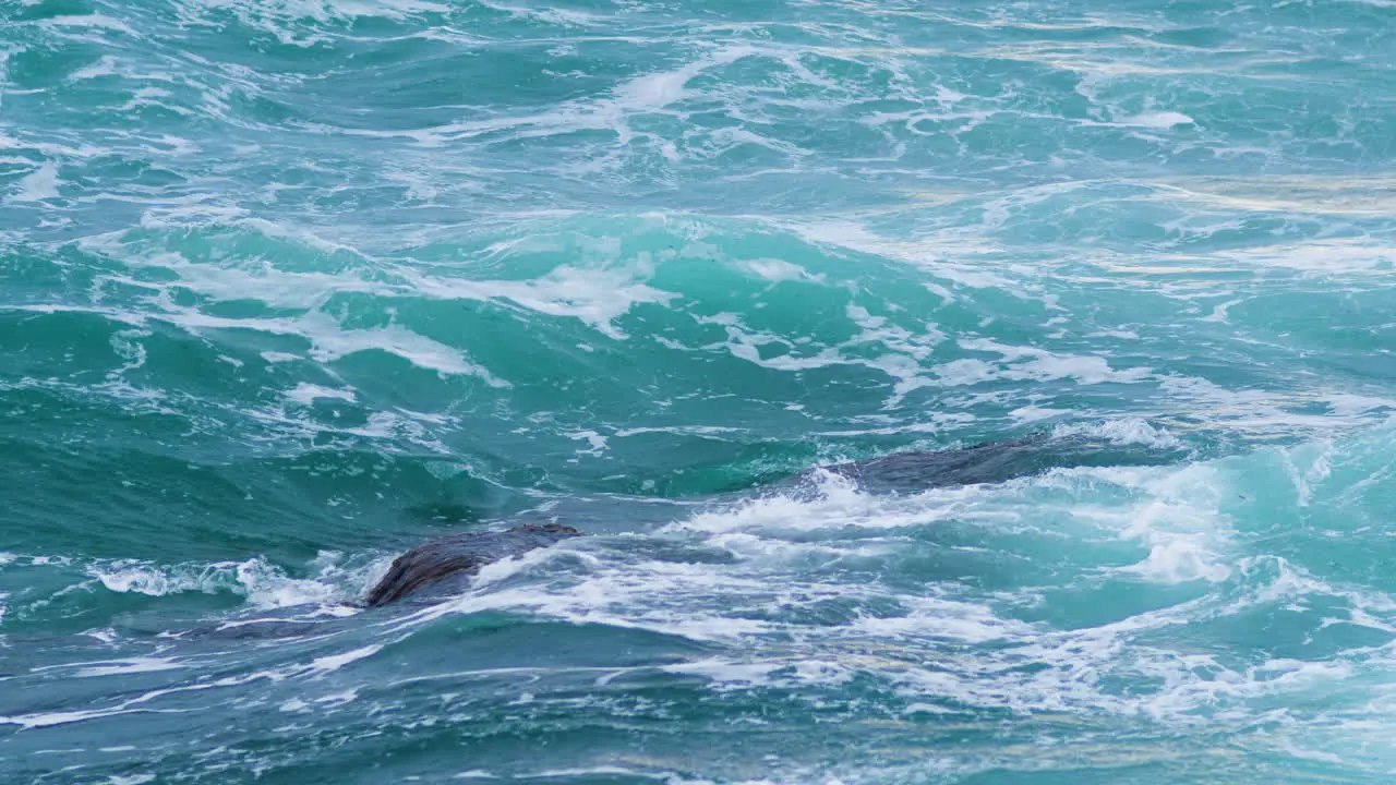 Sea waves breaking on underwater rock creating crest