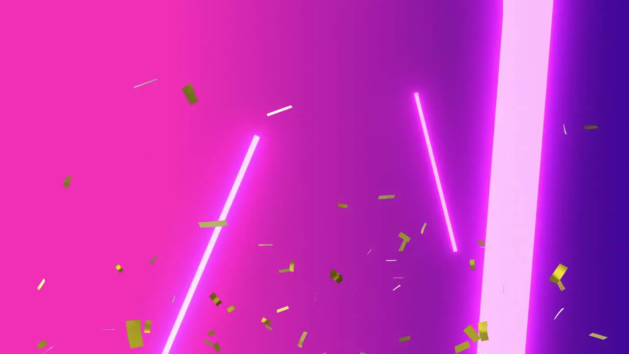 Animation of gold confetti falling over glowing neon light son pink background