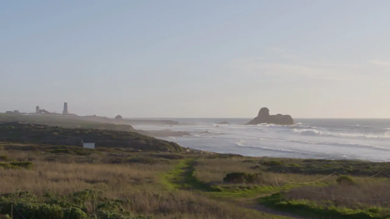 Stationary shot of waves rolling into the grassy shores of Big Sur Beach California