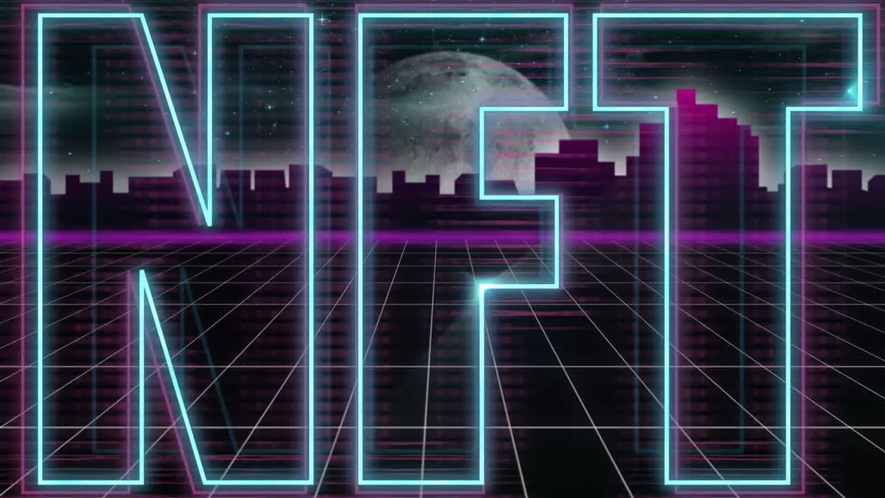 Neon nft text banner over grid network against cityscape and moon in the space