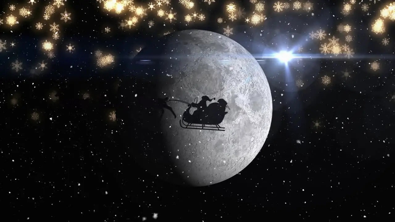 Animation of snowflakes over silhouette of santa claus in sleigh pulled by reindeers against moon