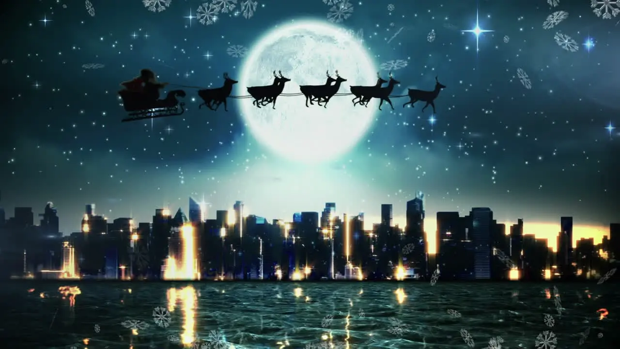 Animation of silhouette of santa claus in sleigh pulled by reindeers over cityscape against moon