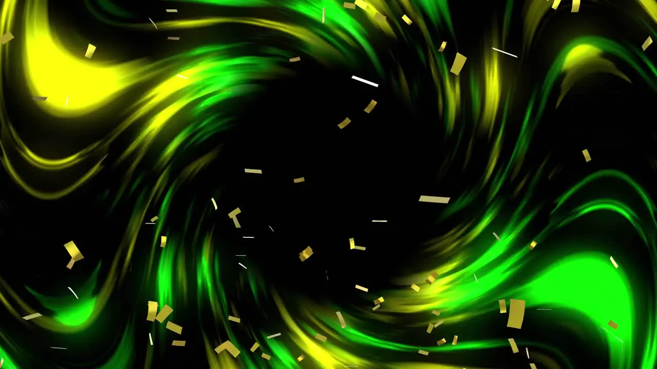 Animation of confetti falling over glowing green and yellow light trails on black background