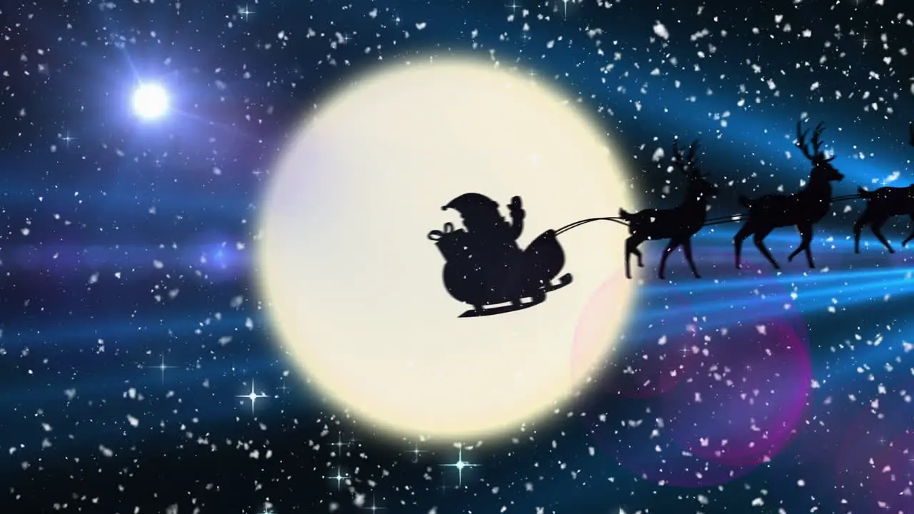 Animation of snow falling over silhouette of santa claus in sleigh pulled by reindeers against moon