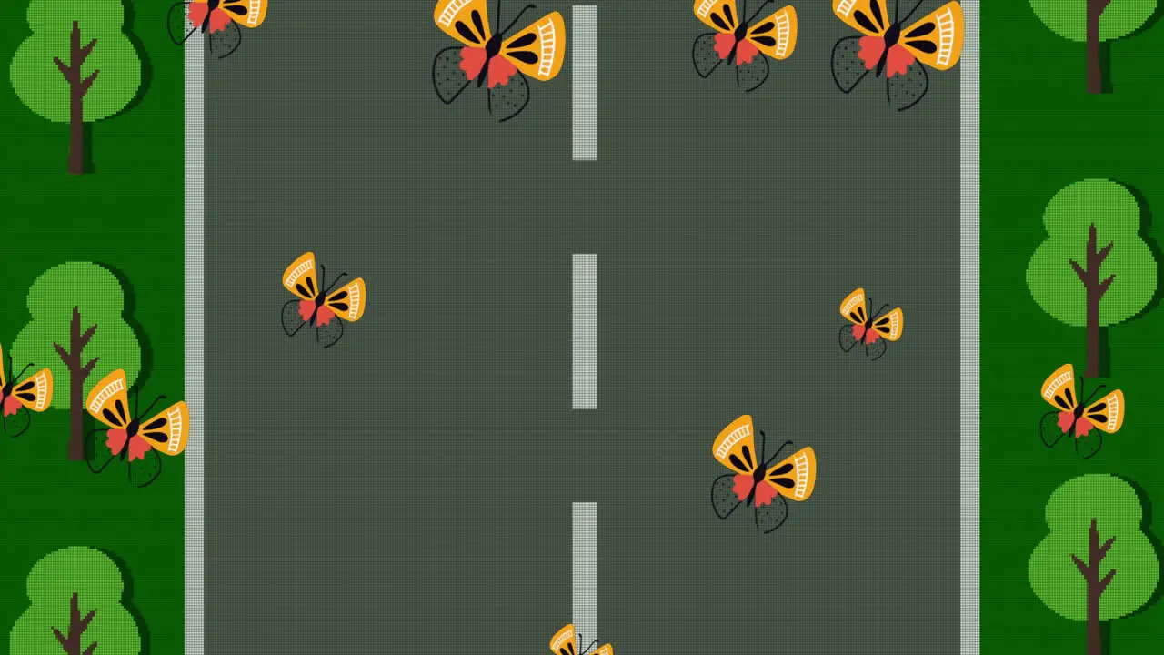 Animation of butterflies over screen with road video game