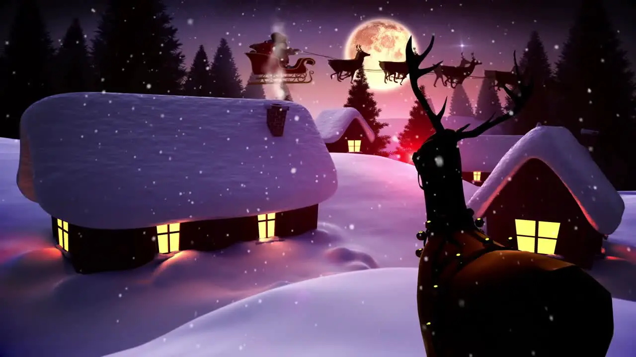 Santa flying over cute snowy village as rudolph watches