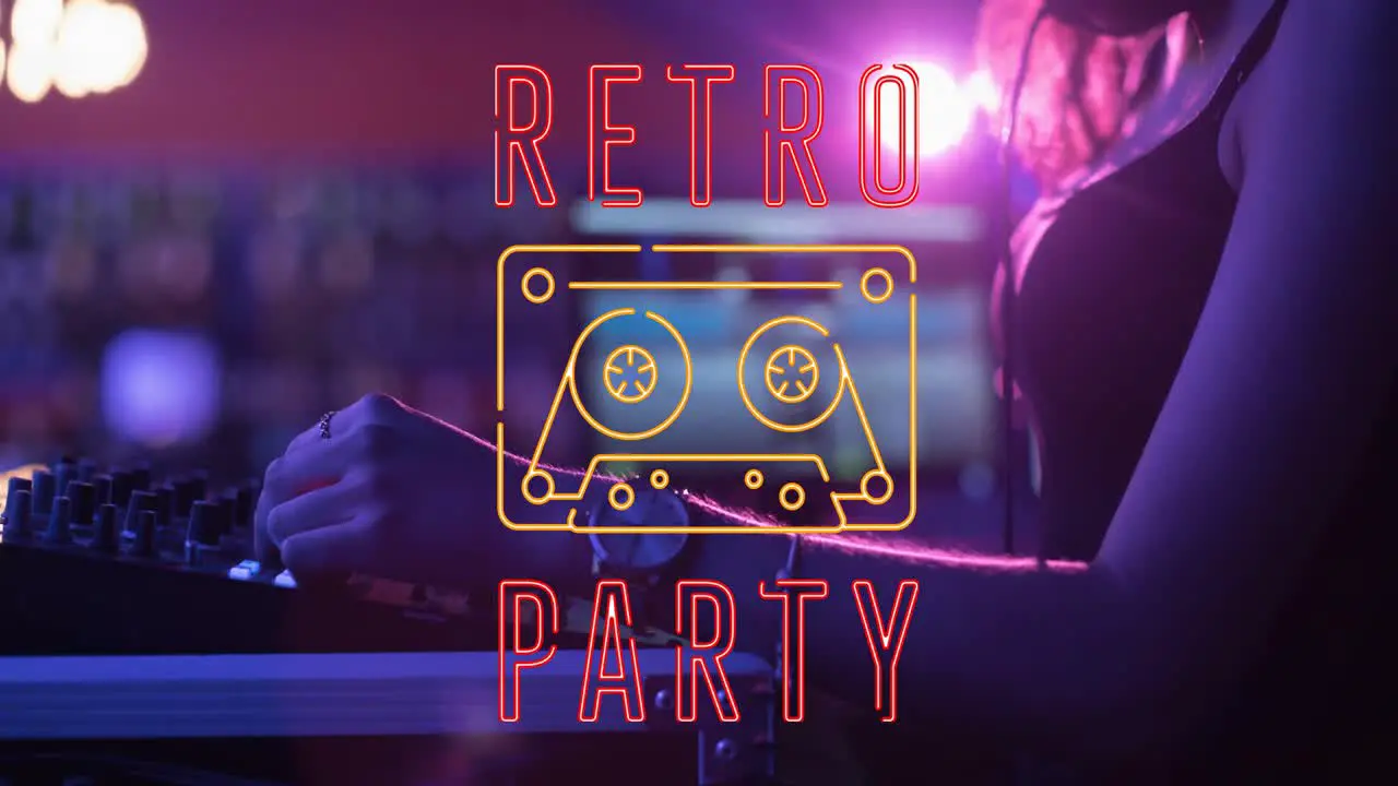 Animation of retro party text over female dj in the club