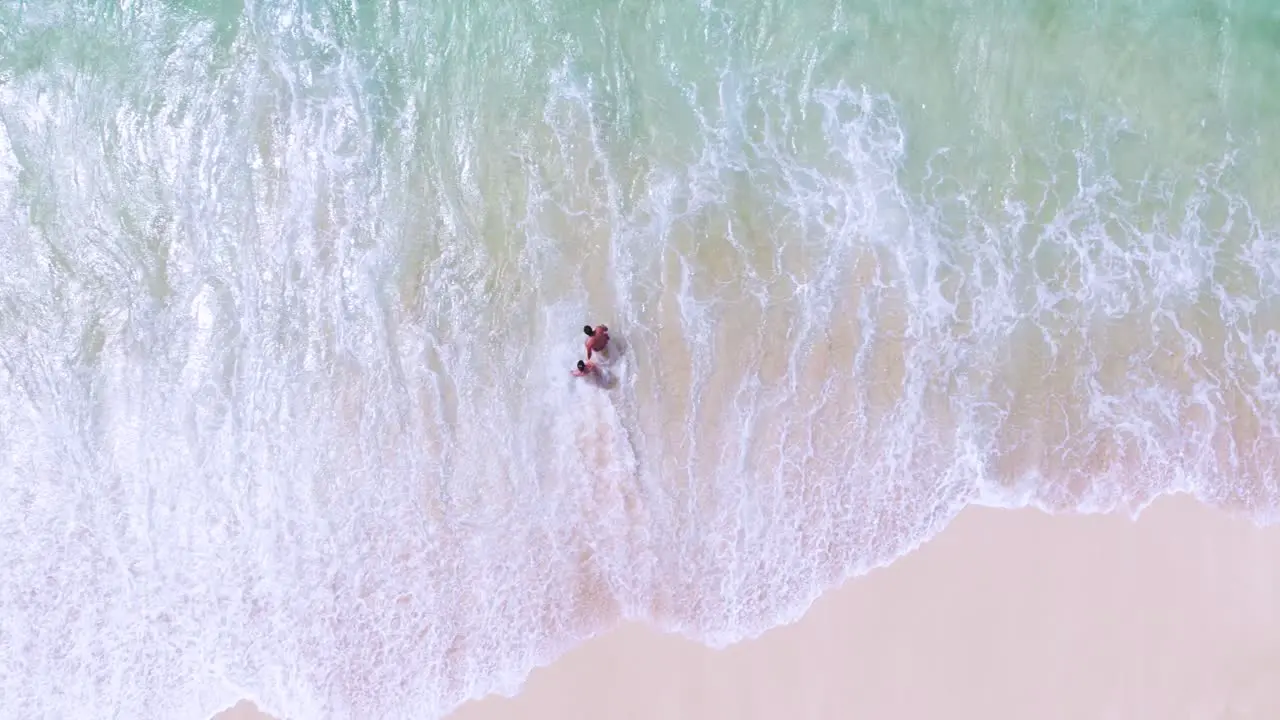 Aerial view of tourists on the beach swimming in waves vacation concept