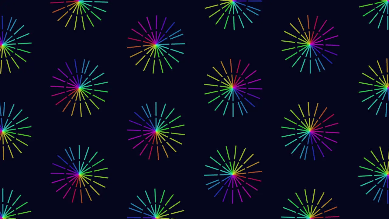 Repeat neon futuristic flowers pattern with rainbow lines on black gradient