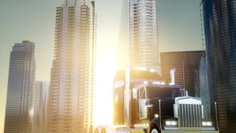 lorry truck and skyscrapers at sunset