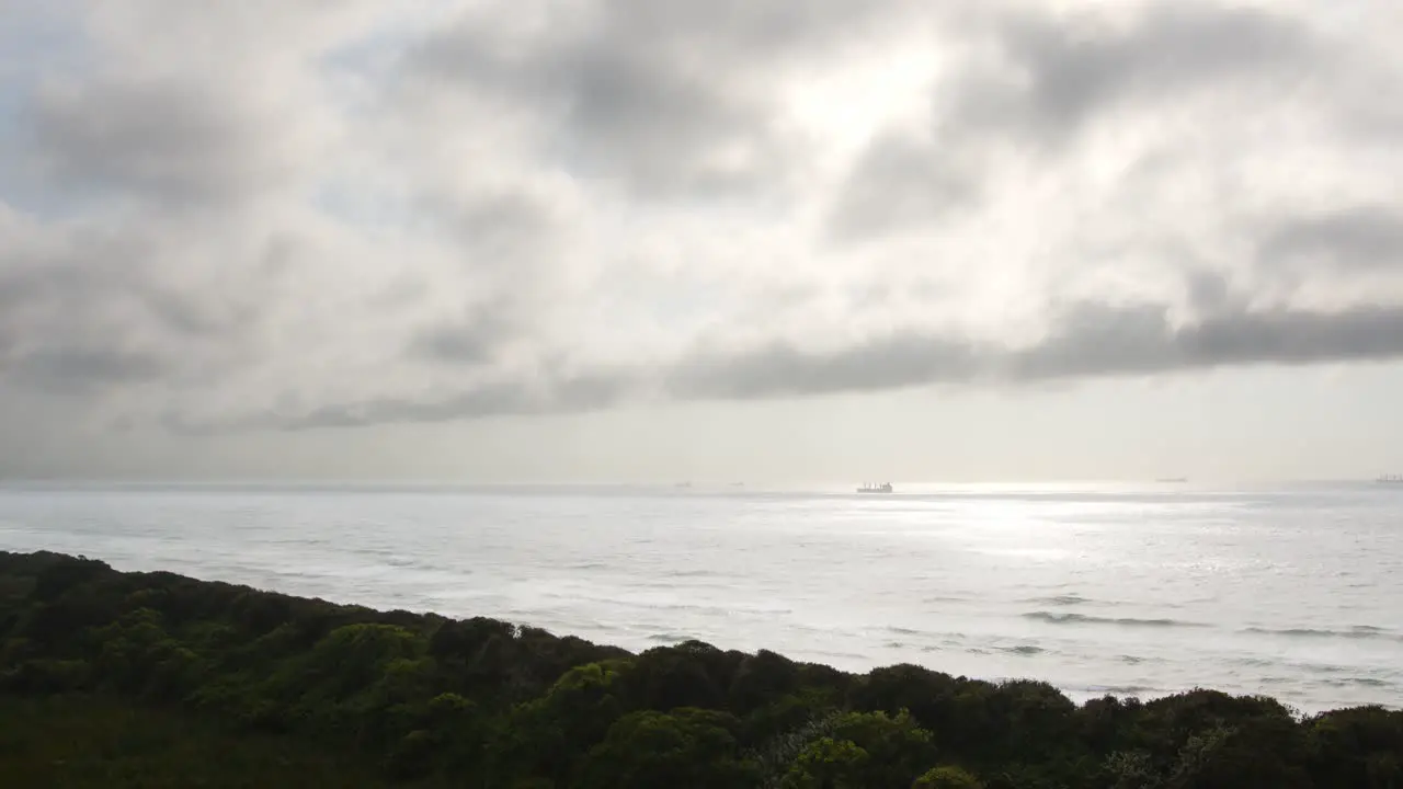 Wide shot of the ocean with vegetation in the foreground and dark clouds covering a ship in the distance