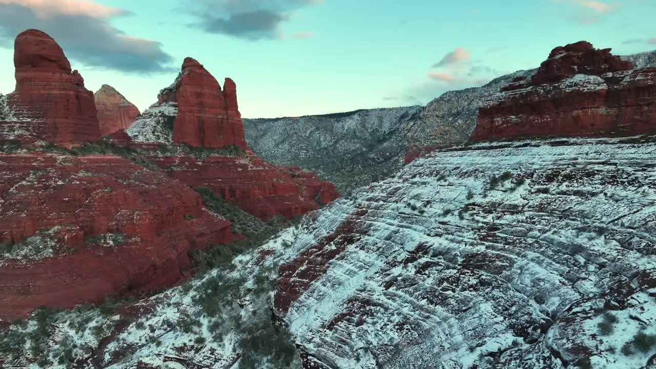 Snowy Hills Of Red Sandstone Rock Formations In Sedona Arizona USA