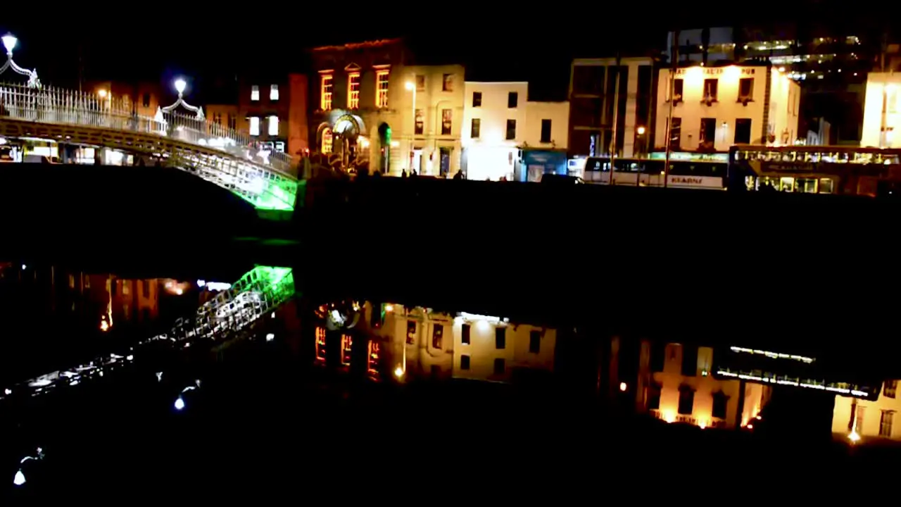 Night view of the South Quays towards Templebar in Dublin city center close by the Halfpenny Bridge