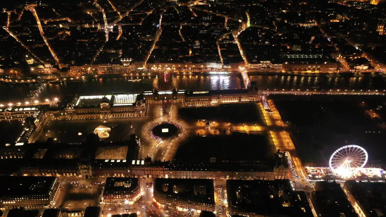 Louvre Museum aerial night shot Paris France