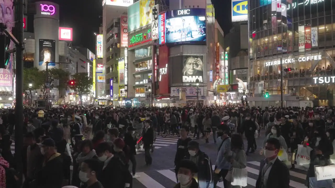 A Large Number Of People Moving Around At The Iconic Shibuya Crossing On Halloween Night 2020 Wide Shot