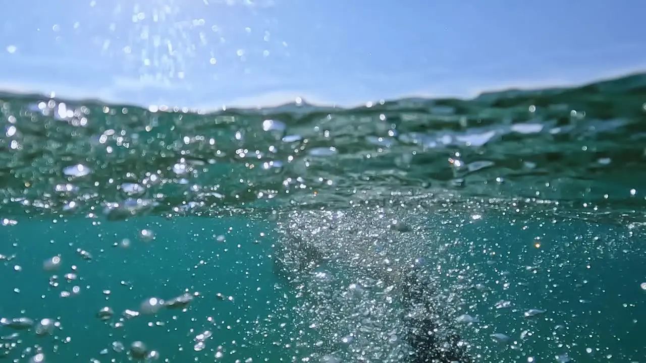 Split underwater rear view of adult man swimming with diving fins in crystalline sea water