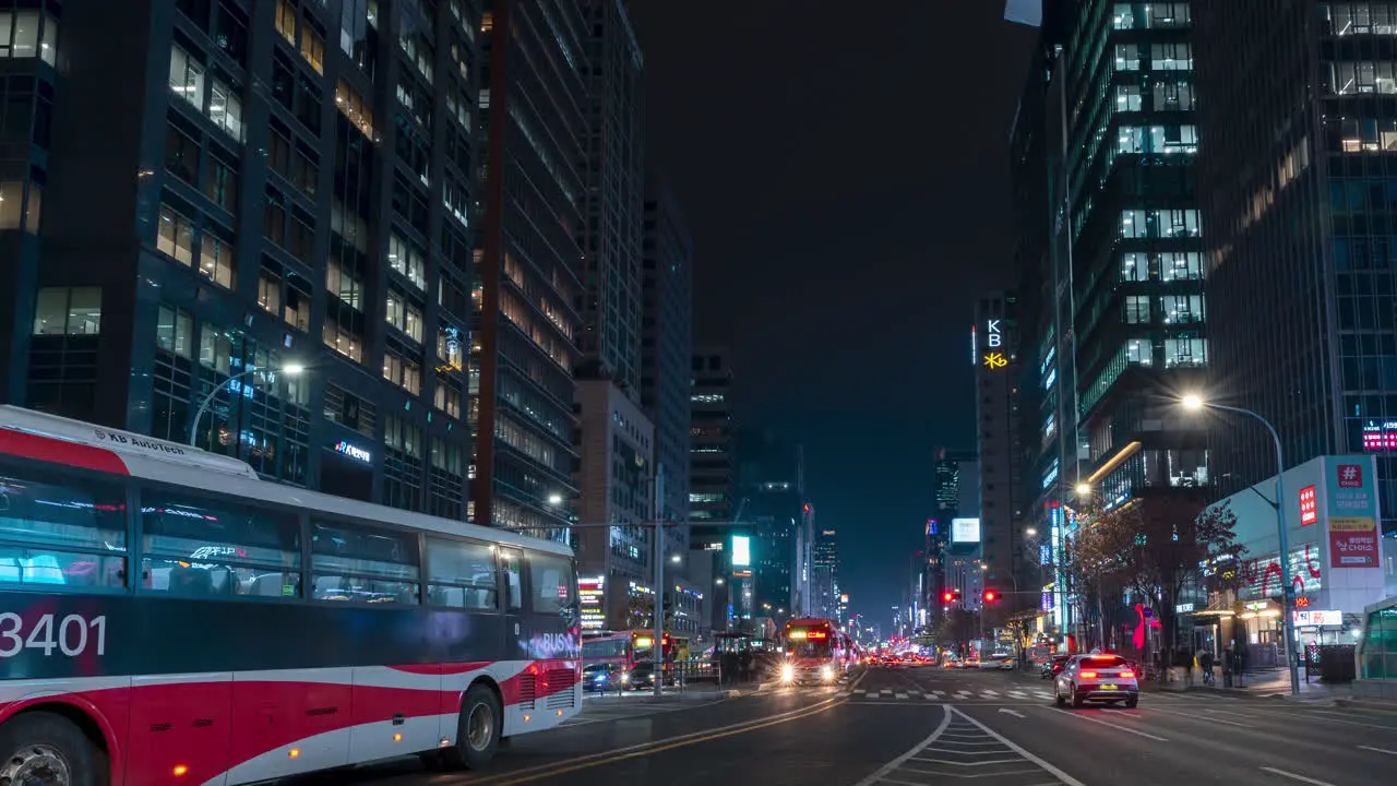 Panning Hyperlapse of Busy Night Gangnam-Daero Street Traffic and High Business Towers in Gangnam District of Seoul South Korea