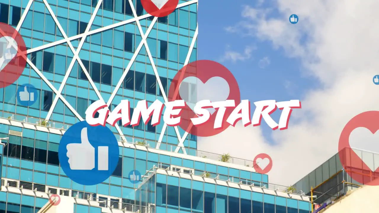 Animation of game start and floating social media icons over skyscrapers